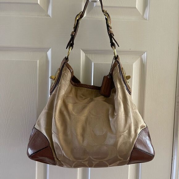 Coach Monogram khaki canvas shoulder bag  tan leather trim gold tone hardwares - Picture 1 of 13
